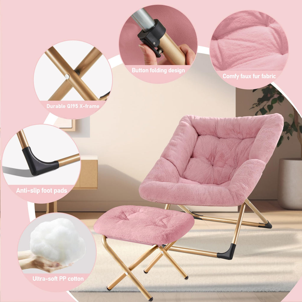 Youtanic Comfy Oversized Saucer Chair with Ottoman,Soft Faux Fur Reading Lounge Chair for Adults,Stable X-Large Metal Frame and Non-Slip Pad,Cozy Chair for Bedroom, Living Room, Dorm, Office, Pink