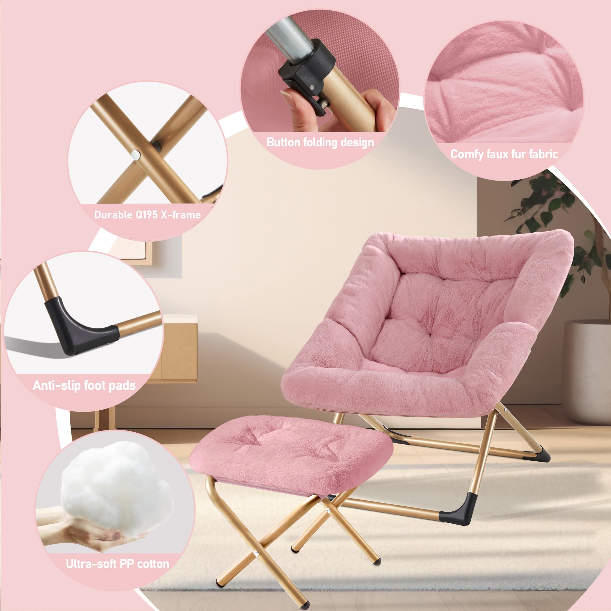 Youtanic Comfy Oversized Saucer Chair with Ottoman,Soft Faux Fur Reading Lounge Chair for Adults,Stable X-Large Metal Frame and Non-Slip Pad,Cozy Chair for Bedroom, Living Room, Dorm, Office, Pink