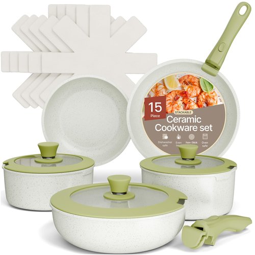 Bakken 15-Piece Non-Stick Cookware Set with Detachable Handles – Granite Stackable Pots and Pans Set, Dish Washer Safe, Oven-Safe, and Compatible Kitchen Essential for All Stoves – Green/Cream