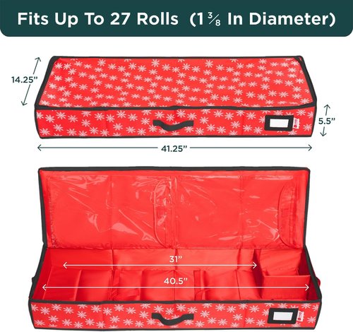 HOLDN' STORAGE Wrapping Paper Storage Container - Durable 600D Tear-Proof, Fits 27 Rolls, Extra Pockets for Ribbons & Bows - Red/White Snowflakes