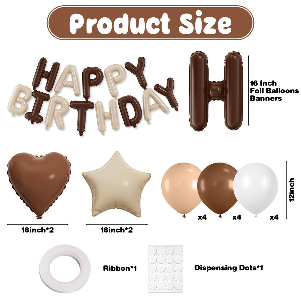 29PC Cream Brown Happy Birthday Balloon Banner, 16Inch 3D Aluminum Letter Banner Sign, Brown Apricot Dusty Ivory White Balloon 18 Inch Star Heart Foil Balloon for Women, Men Party Supply