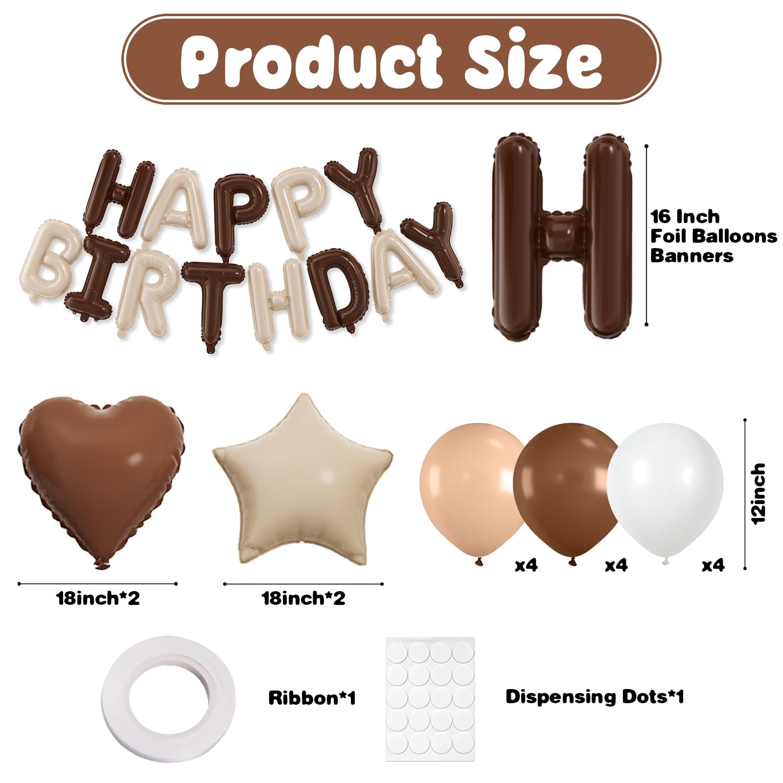 29PC Cream Brown Happy Birthday Balloon Banner, 16Inch 3D Aluminum Letter Banner Sign, Brown Apricot Dusty Ivory White Balloon 18 Inch Star Heart Foil Balloon for Women, Men Party Supply