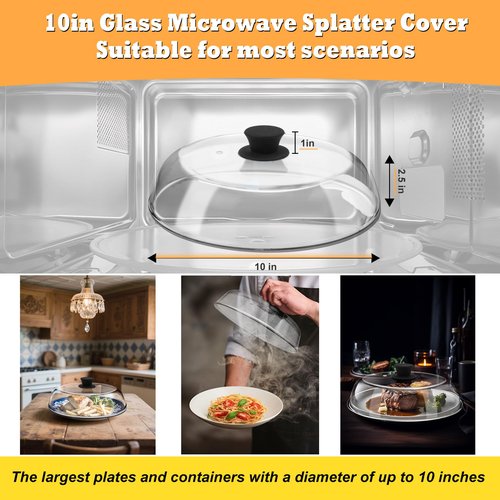 10in Glass Microwave Splatter Cover for Food with Silicone Mat, 10in Glass Microwave Plate Lid with Vent Holes & Easy-Grip Handle, Dishwasher Safe, No Plastic, Food Grade
