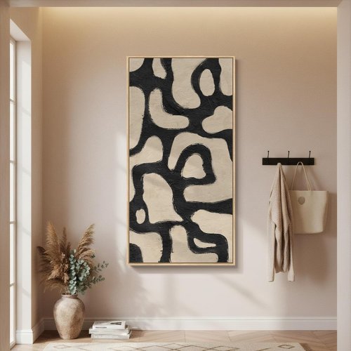 Framed Neutral Abstract Wall Art - Extra Large Black & Beige Canvas Print for Living Room | 30x60 Inch