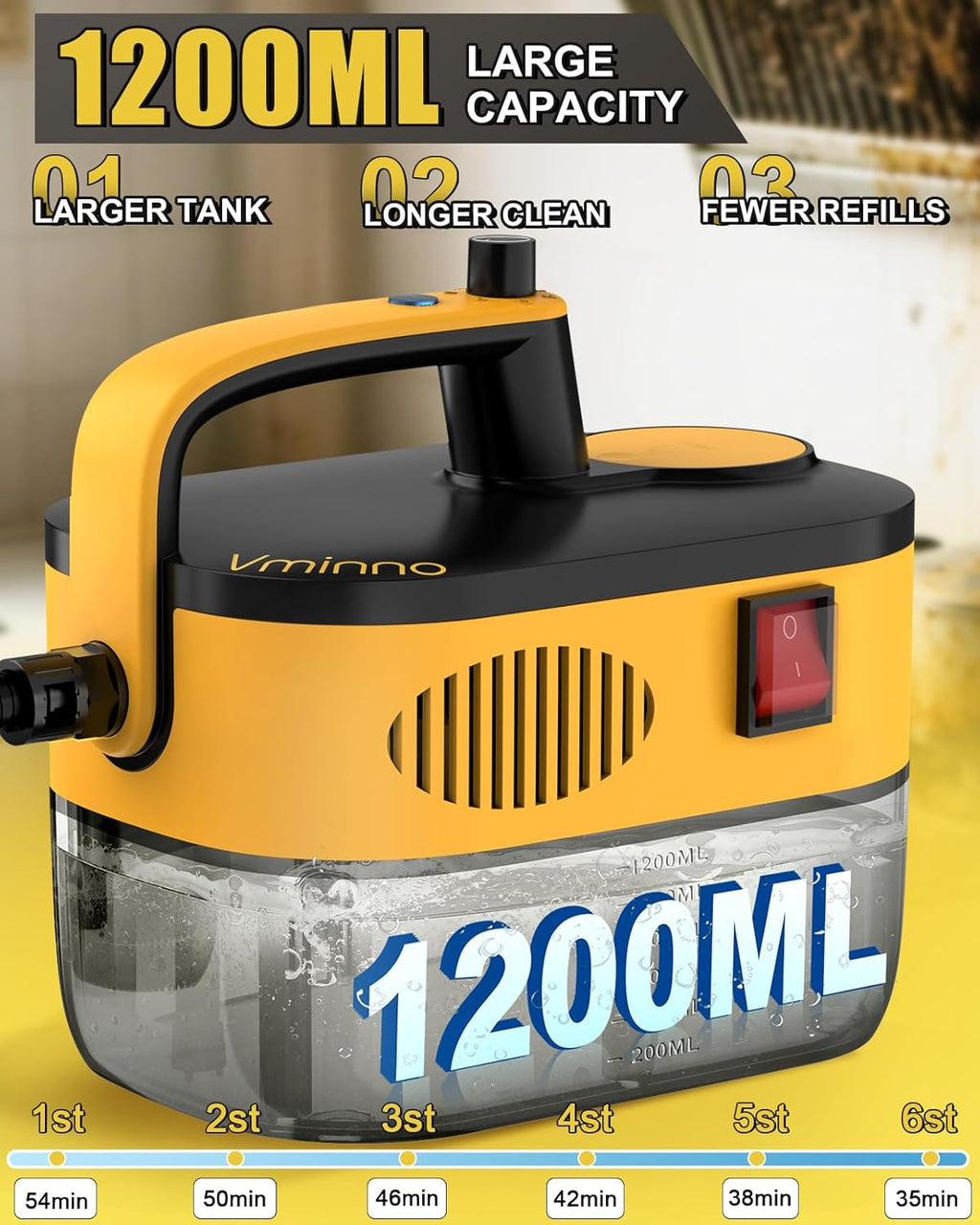Skiennix Heavy Duty Steam Cleaner - Fast Heating 1.2L Tank | 6-Level Adjustable Portable Steamer with 11 Accessories for Home, Car, Tile, and Grout Cleaning (Yellow)