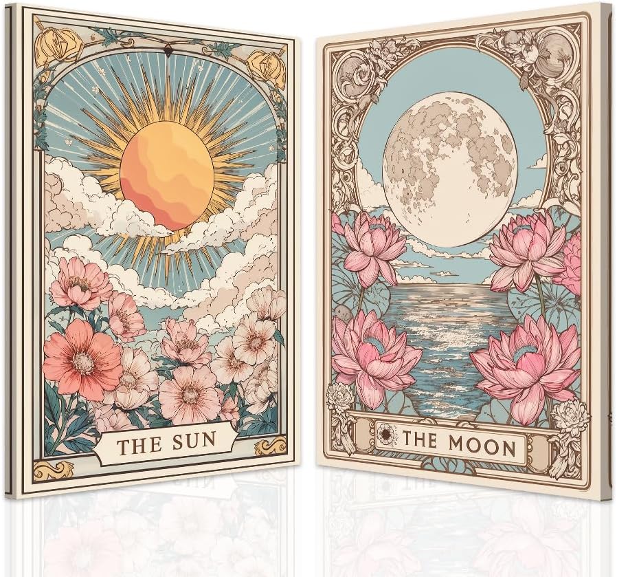 SWQYLB Celestial Sun Moon Wall Art Set - Floral Canvas Prints for Witchy Bedroom Decor (12"x16")