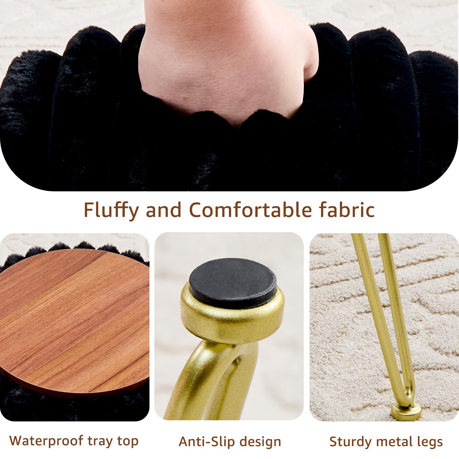 Wimarsbon Vanity Stool with Storage, Faux Fur Ottoman Chair with Metal Legs, Round Makeup Vanity Chair for Bedroom or Dressing Table, Modern Small Ottoman Seat (Black)