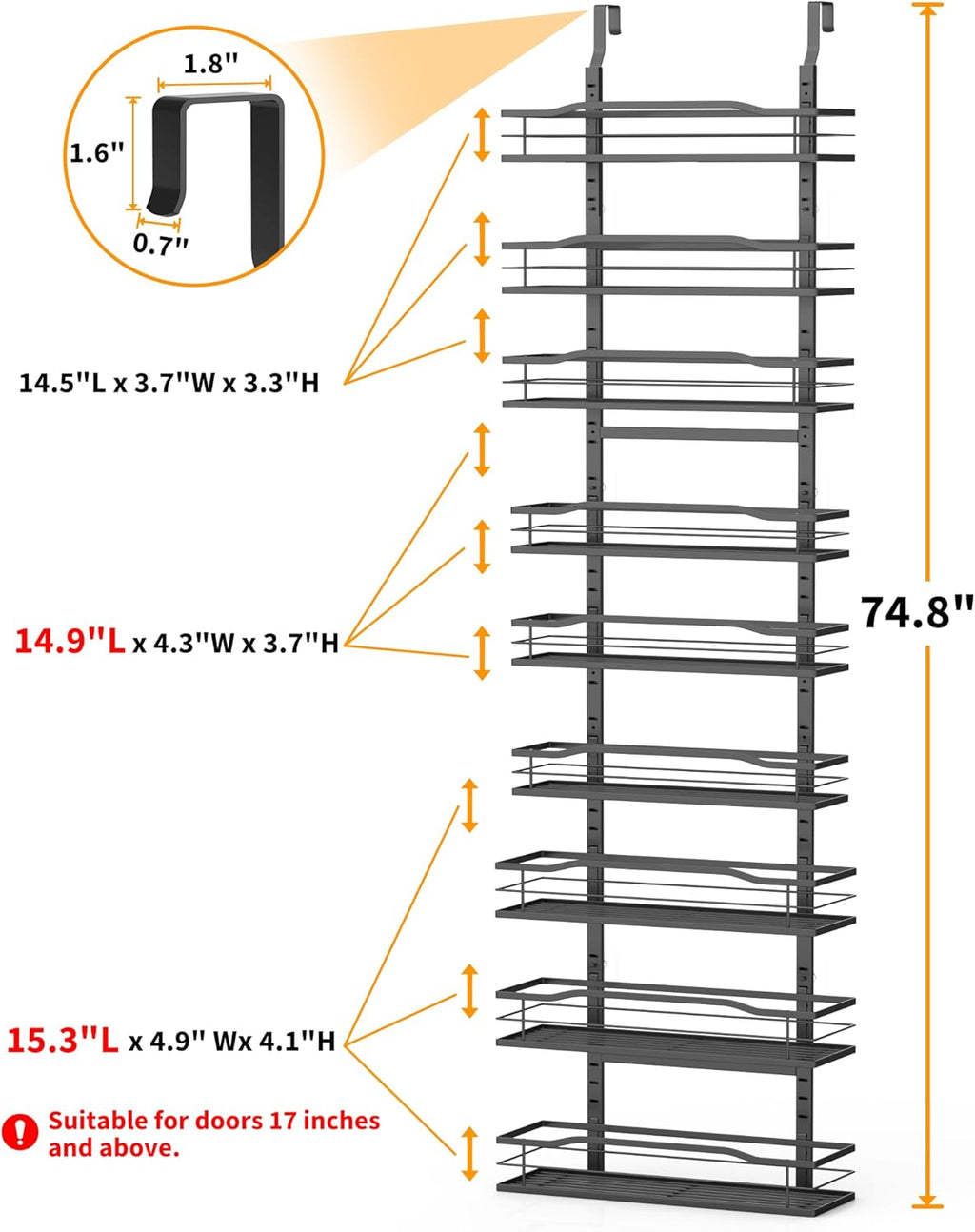 Moforoco 9-Tier Over The Door Pantry Organizer - Black Hanging Basket Spice Rack for Home & Kitchen