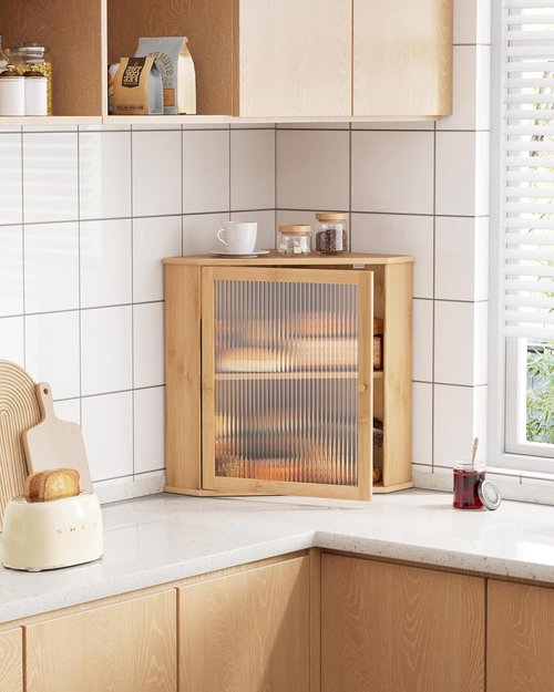 Kitsure Bread Box - 2-Tier Bamboo Kitchen Organizer with Magnetic Acrylic Door | Natural 16.5" H for Bread & Snacks