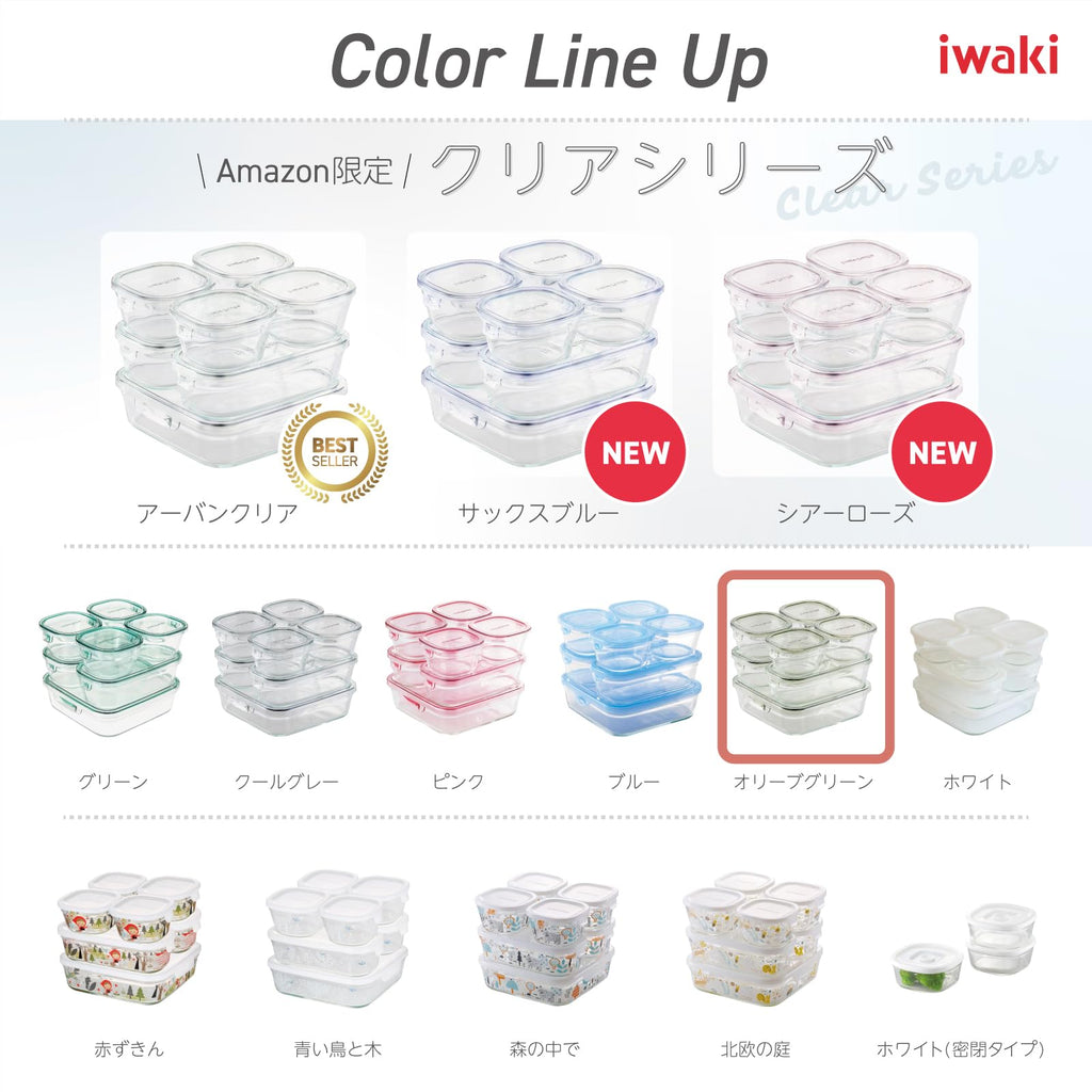 iwaki PC-PRN4G42 Heat Resistant Glass Storage Container, Olive Green, System Set, Mini Pack & Range