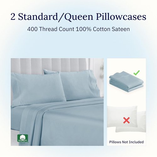 California Design Den Pillowcase Set | Standard Queen Size, 400 Thread Count, 100% Cotton Sateen, Soft Sky Blue - Set of 2