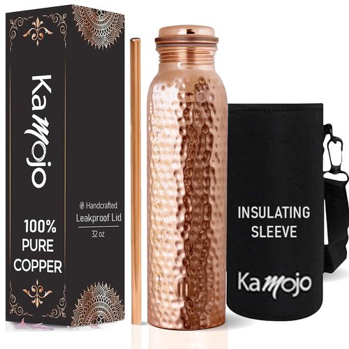 Kamojo Copper Water Bottle for Drinking - Hammered 100% Pure Copper Tumbler Cup with Leak Proof Lid, Removable Insulating Sleeve & Straw - Handcrafted Ayurvedic Cup for Water 32 fl oz