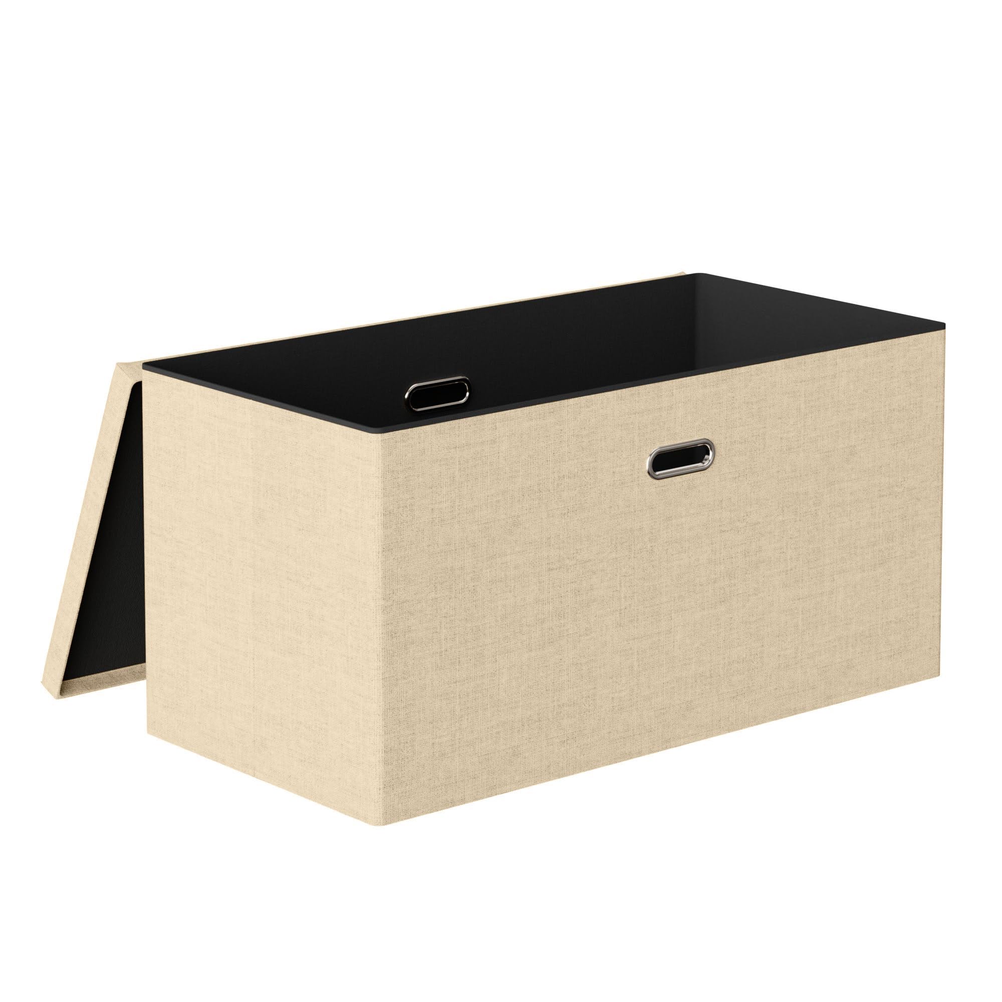 VECELO 30'' Folding Storage Ottoman Bench, End of Bed Linen Fabric Foot Rest Stool with Padded Seat, Large Footstools for Bedroom, Living Room, Load 500 lb, Khaki