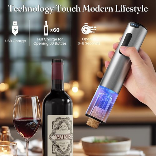 HomeHacks Electric Wine Opener - Automatic Rechargeable Opener with Foil Cutter & Vacuum Stopper | Perfect Gift for Wine Lovers