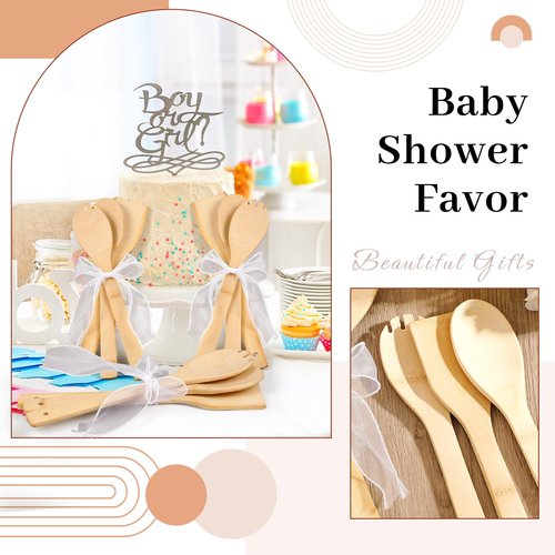 Reallnaive 108 Pcs Bamboo Spatula Wooden Kitchen Utensil Bulk 12''wood Spoon Spatula for Cooking with Ribbon Bridal Baby Shower Game Prize Wedding Party Favors Housewarming Gift (Natural Style)