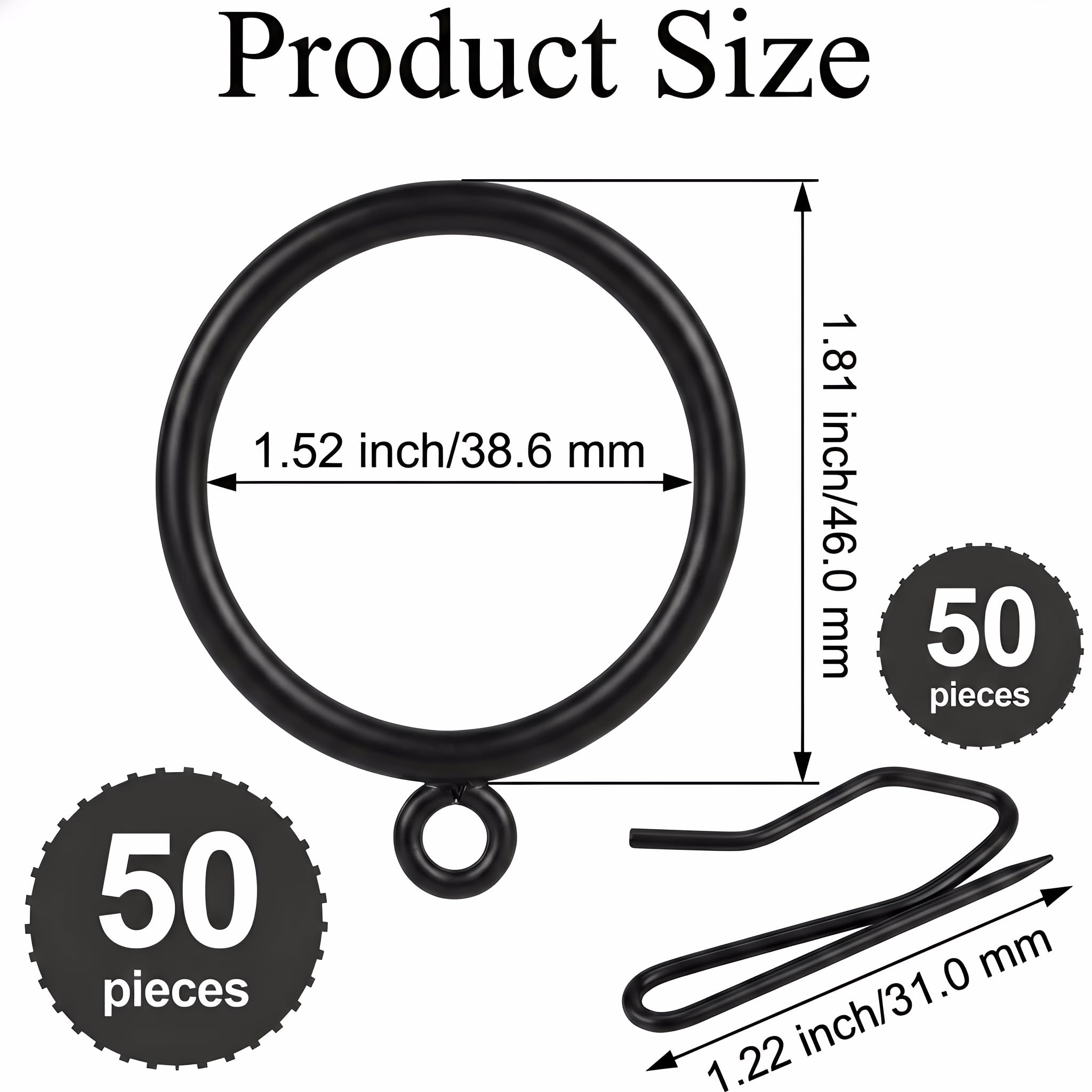 CONAMEI 50 Pcs Curtain Rings and Hooks 1.52 Inch - Stainless Steel Shower Curtain Rings and Hooks with Eyelets for Curtains Rods and Bathroom Shower Rods, Black