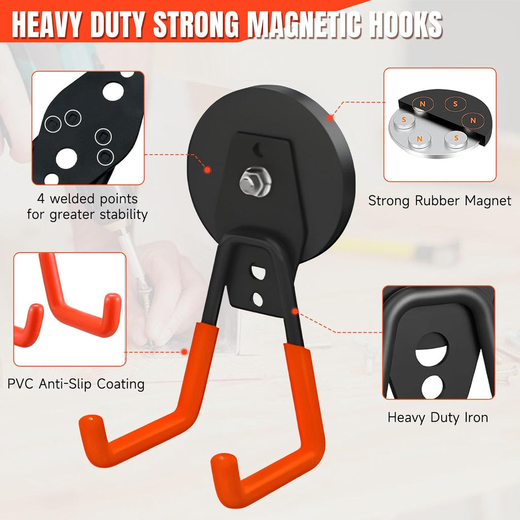 Skiennix Magnetic Hooks - Heavy Duty 4 Pack with Anti-Slip Coating | Ideal for Garage & Workshop Use
