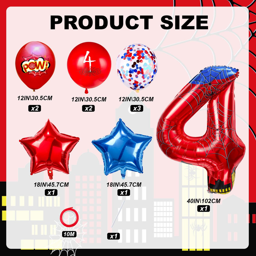 FJZEPIN Cartoon Hero 40 Inch Red and Blue Spider Theme Number Foil Birthday Decoration Balloons, Cartoon Party Birthday Supplies, Number large Balloons for Spider Theme Party (4)