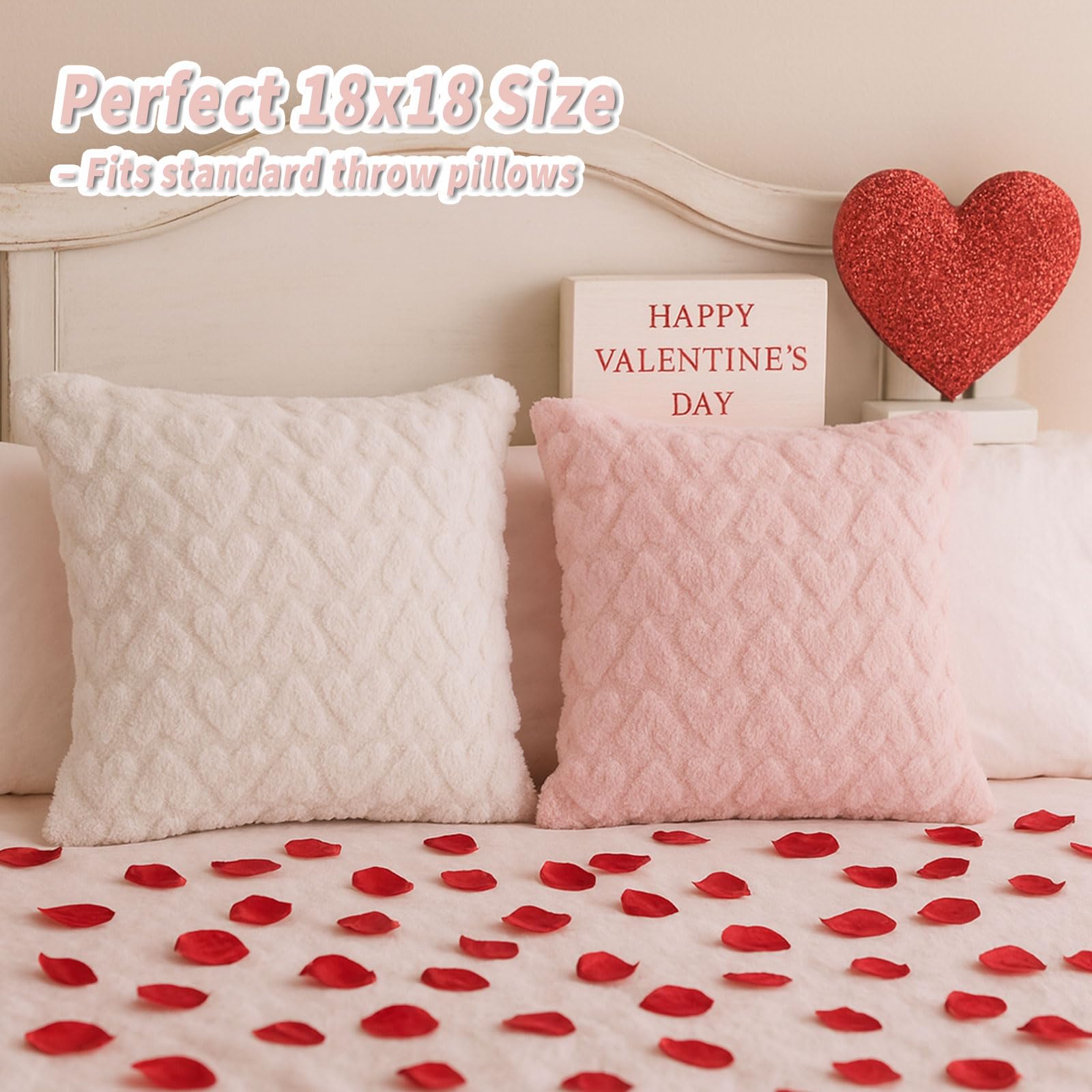 Valentines Day Throw Pillow Covers 18×18 Set of 4 – Heart Pattern Decorative Cushion Case, Soft Plush Textured Accent Pillow Covers for Living Room Sofa Bed Couch Bedroom Home Decor, Pink and White