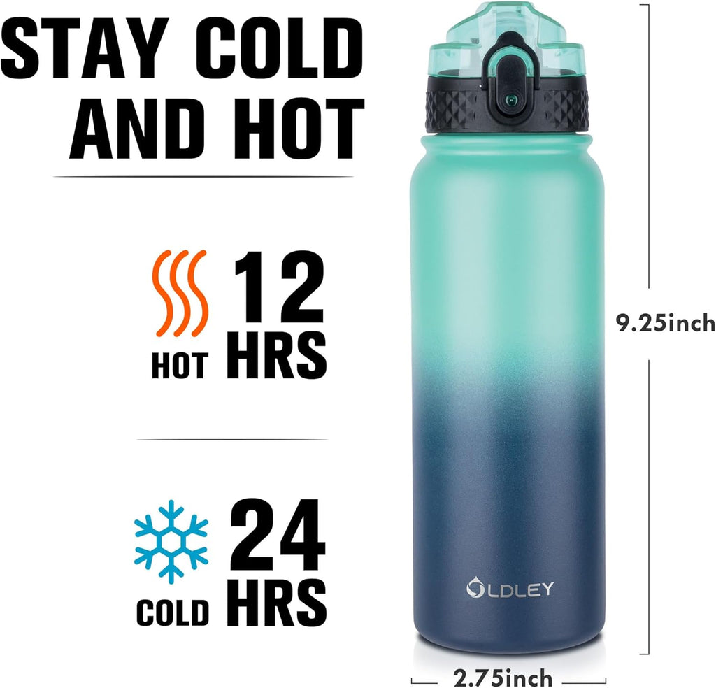 Oldley Insulated Water Bottle - 20oz Stainless Steel with 3 Lids & Fruit Strainer | BPA-Free, Leak-Proof