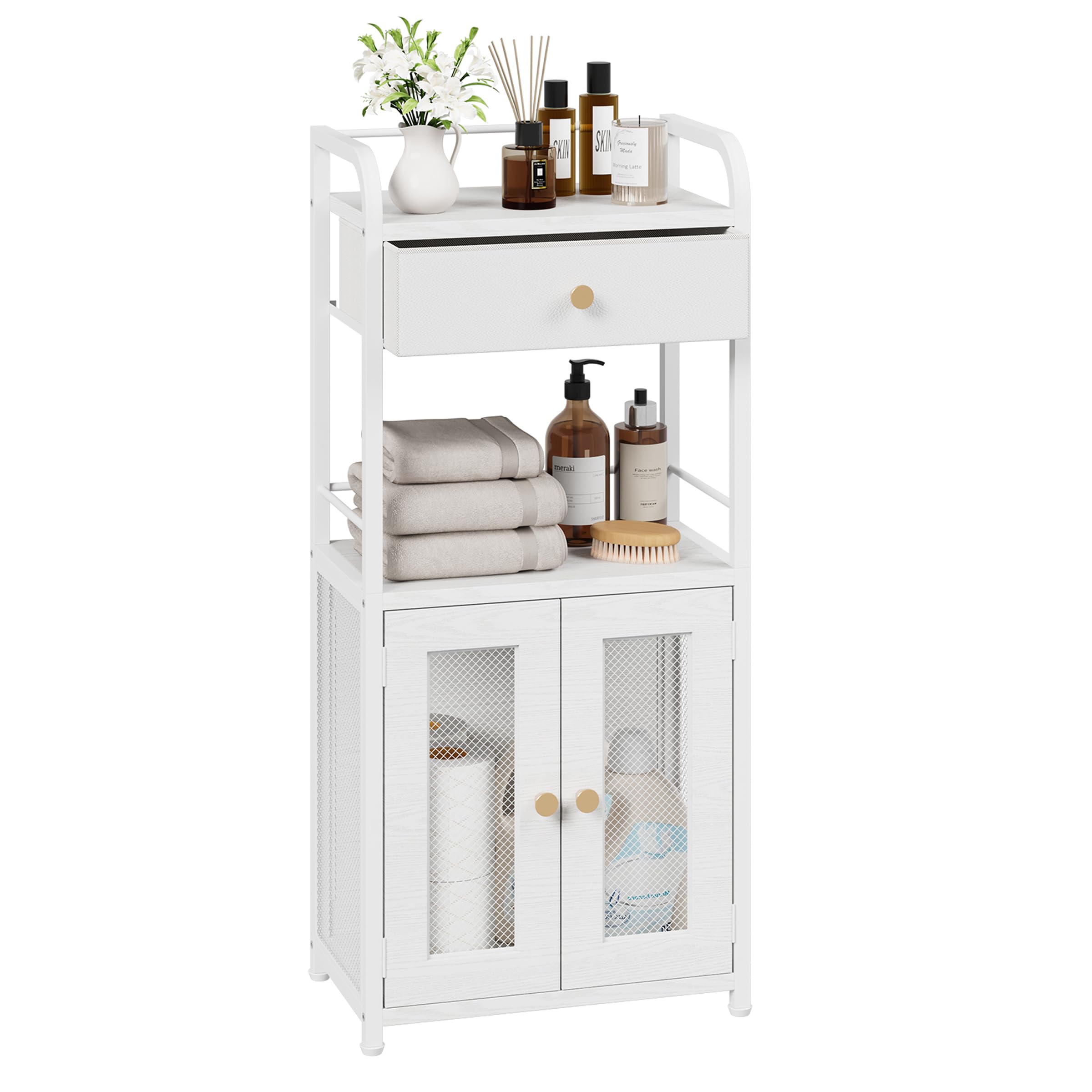 SWTYMIKI 14.57"x32.28" Bathroom Storage Cabinet – Freestanding Toilet Paper Storage with Doors & Drawer, Bathroom Organizers and Storage for Small Spaces, Laundry Room, Ideal for Towels, White