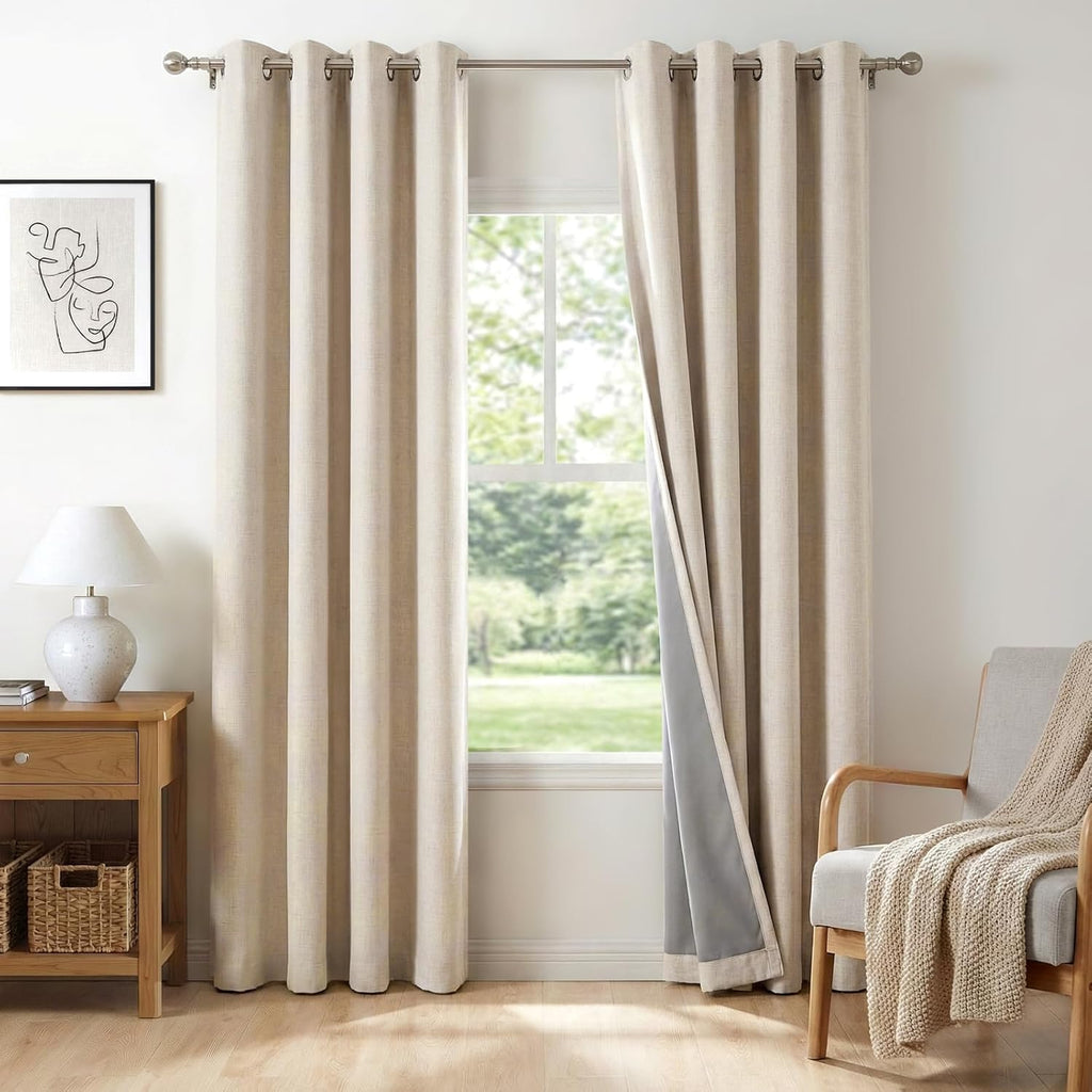 Skiennix 100% Blackout Linen Curtains - Thermal Insulated Drapes for Bedroom & Living Room | Oatmeal, 50" W x 84" L, 2 Panels