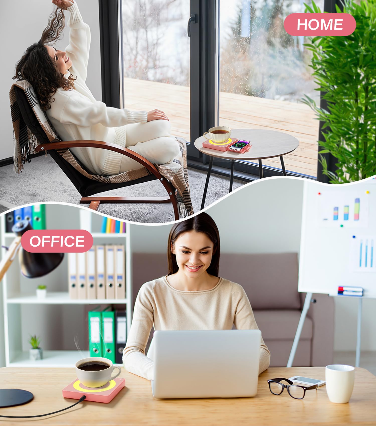 Mug Warmer with 15W Wireless Charger, Aesthetic Desktop Accessory with Night Light & Phone Stand, Ideal Office Tech Gift for Women, Girlfriend, Boss, Her, 3 Temp Coffee Warmer for Desk - Rose Pink