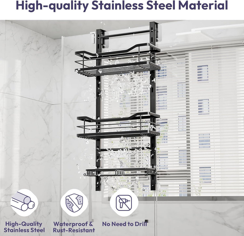 SWTYMIKI Over The Door Shower Caddy - 3-Tier Adjustable Organizer with Soap Holder | No-Drill Stainless Steel, Black