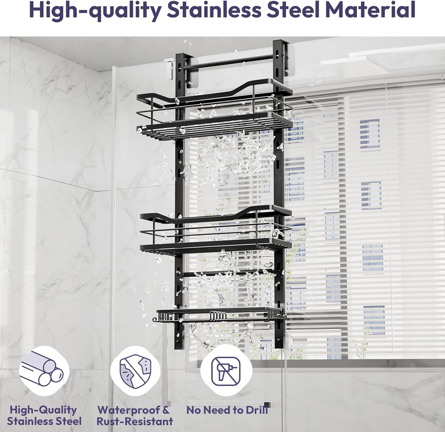 SWTYMIKI Over The Door Shower Caddy - 3-Tier Adjustable Organizer with Soap Holder | No-Drill Stainless Steel, Black