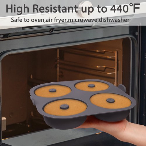 Fchil Silicone Donut Molds for Air Fryer, Set of 1, 4-Cavity Non-Stick Doughnut Pans with Carrying Handle, Doughnut Bagel Baking Tin for Muffins Cake, Dishwasher Safe, Grey