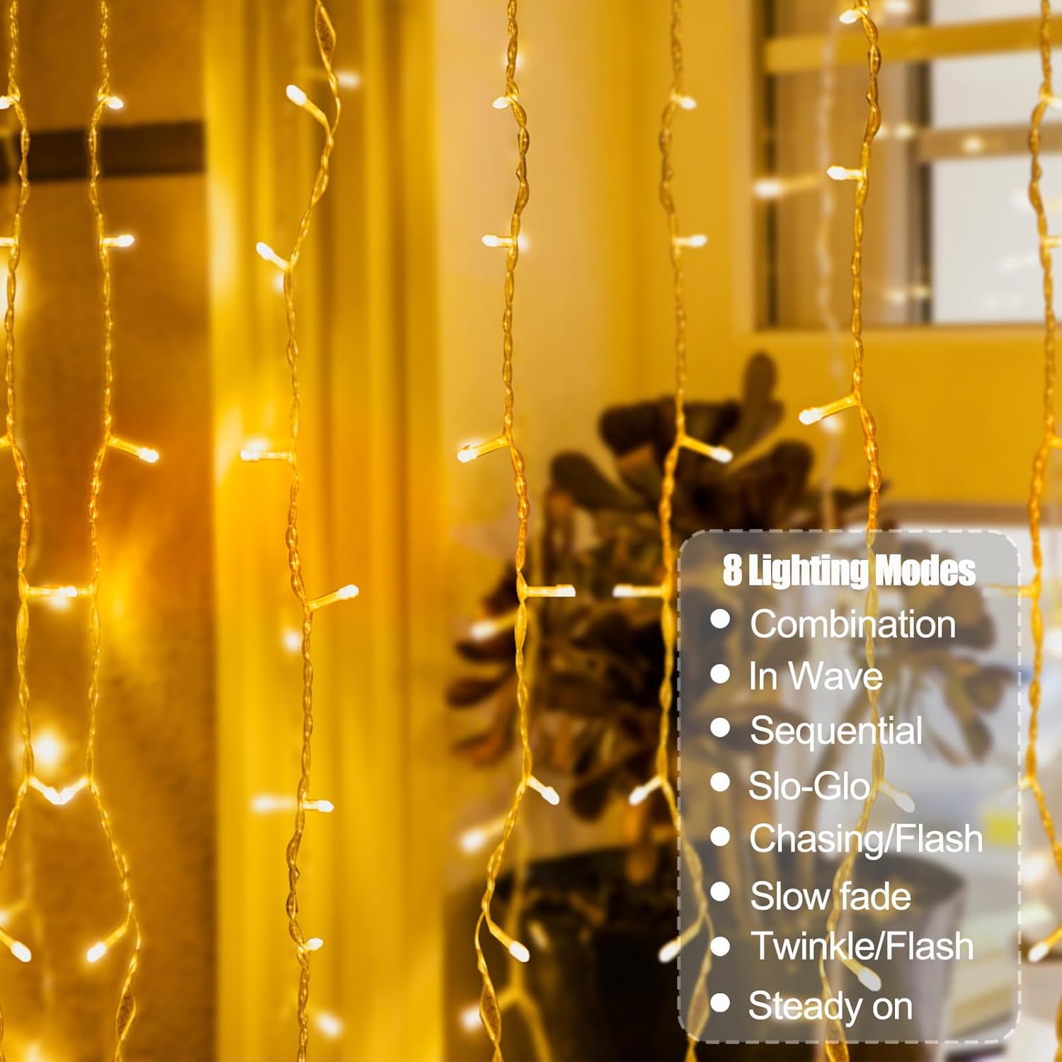 Skiennix 300 LED Curtain Lights - Plug-In Fairy Lights with 8 Modes for Indoor/Outdoor Decor | Warm White
