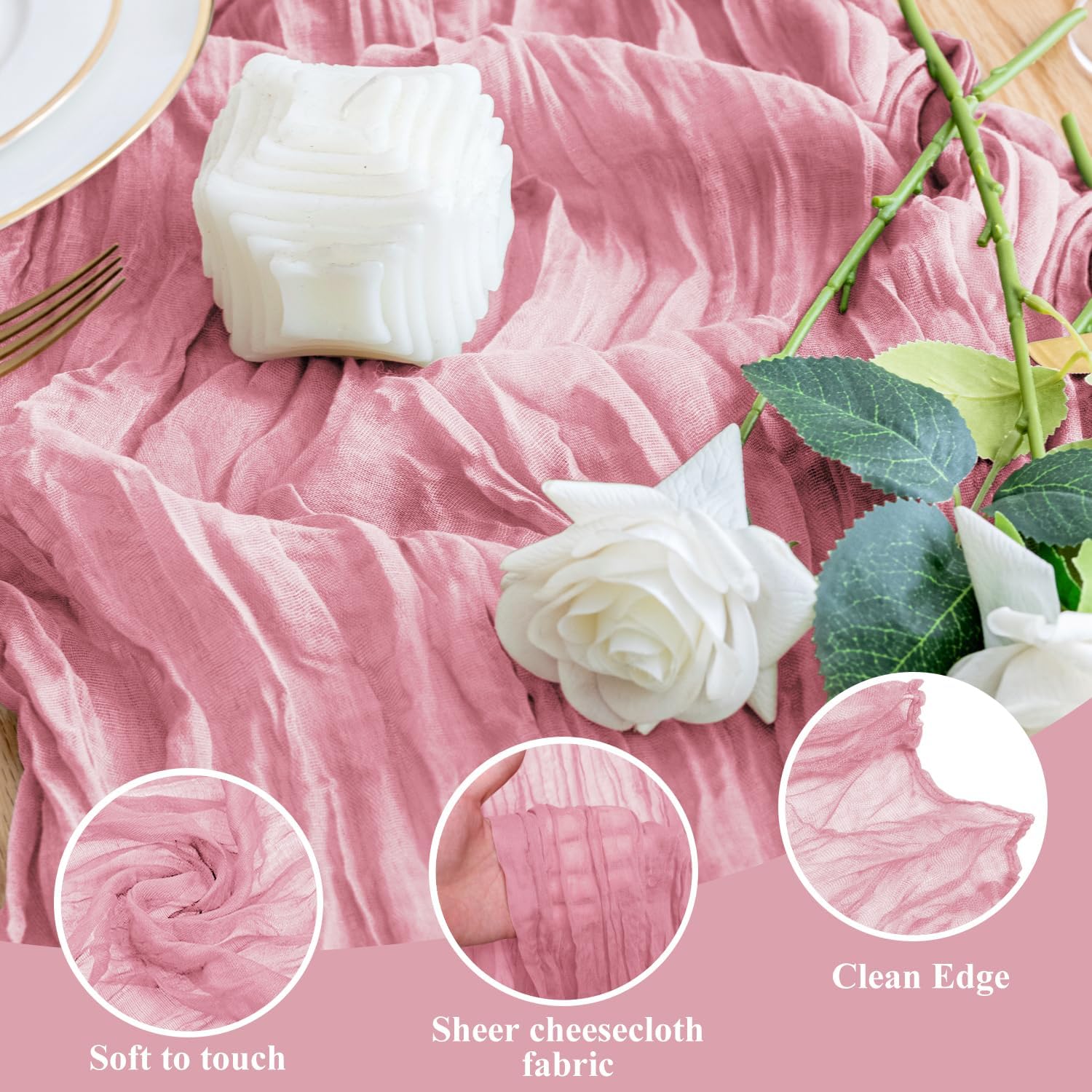 Wokceer Cheesecloth Table Runner - 10FT Pink Boho Gauze | 6-Pack Rustic Sheer Decor for Parties & Events