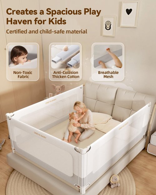 Baby Bed Rail Guard for Toddlers, Reinforced 74.8in Toddler Bed Rails for Twin, Full, King bed with Height Adjustable, Extral Tall Child Safety Side Railing Guards/Bedrail for Kids, White/Grey, 1 Side