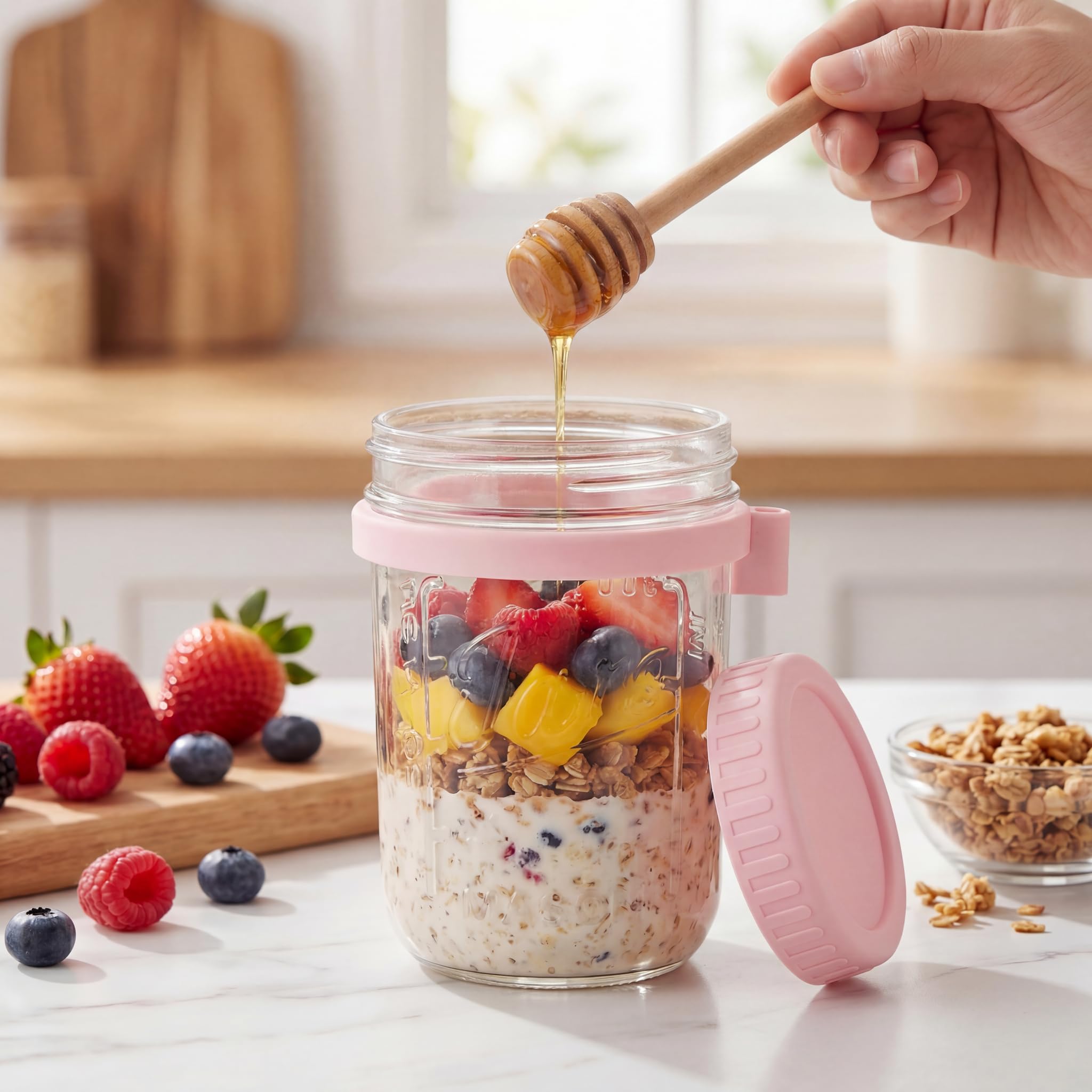 HomArtist 16oz Overnight Oats Containers with Lids and Spoons, 4 Pack Wide Mouth Mason Jars with Airtight Lids, Overnight Oats Jars for Salad, Chia Seed, Cereal, Yogurt