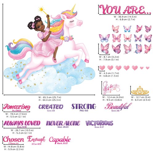 DECOWALL SG2-2503 Black Girl Unicorn Bible Verse Wall Decals Stickers Pink Décor Bedroom Room Art Toddler Decorations Peel and Stick Princess Nursery Butterfly Kids Baby Home Quotes Inspirational