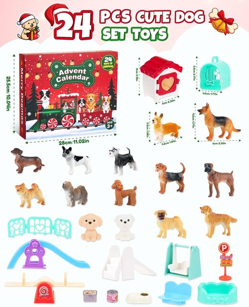 Dog Advent Calendar 2025 | 24-Day Countdown with 12 Dog Figurines & Playground Accessories for Kids