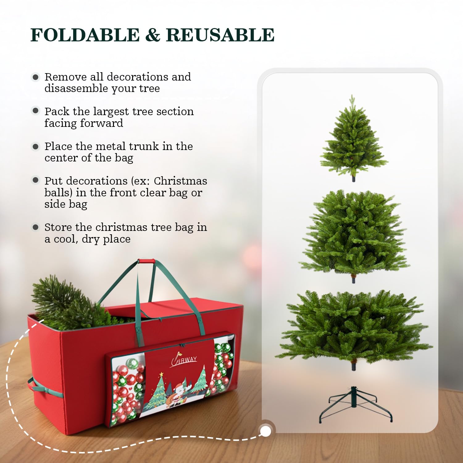 UIRWAY Christmas Tree Storage Bag- Fit for 9ft Artificial Trees, 600D Oxford Christmas Tree Bag with Transparent Pouch & Side Pocket, Extra Large Tree Bags with Sturdy Handles & Dual Zipper, Red