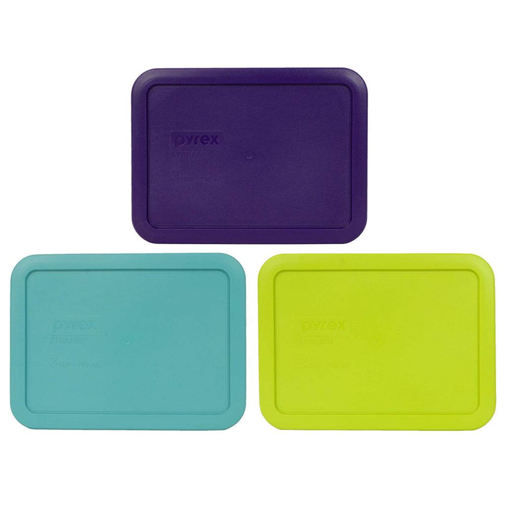 Pyrex 7210-PC 3-Cup (1) Purple, (1) Turquoise, & (1) Edamame Green Food Storage Replacement Lids - Made in USA