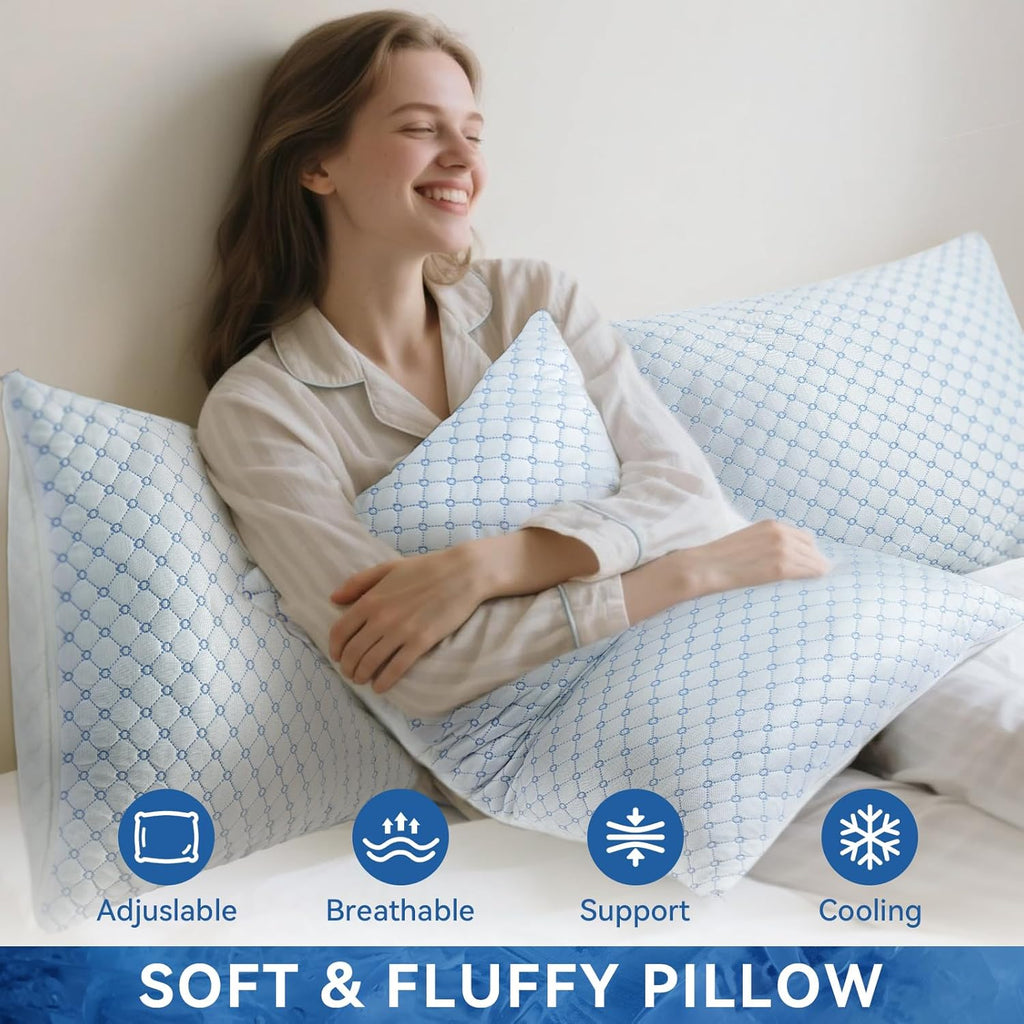 Skiennix Cooling Bed Pillows - Adjustable Shredded Memory Foam for Neck Support | Queen Size 2-Pack