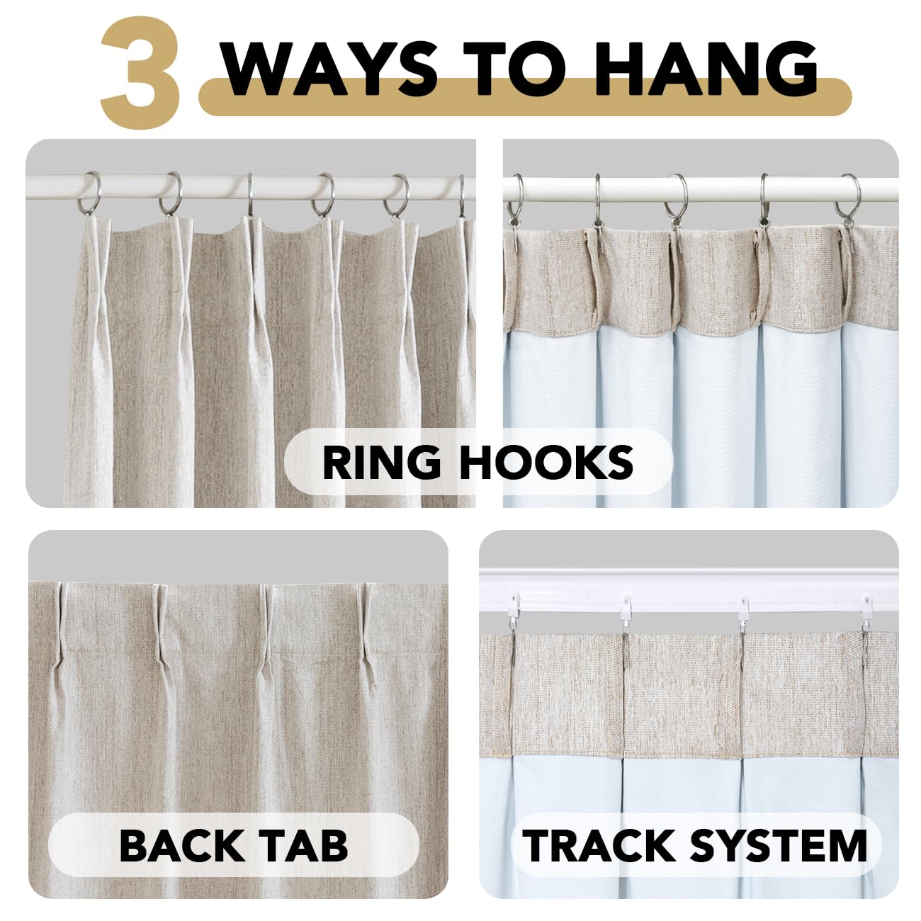 H.VERSAILTEX Pinch Pleated Full Blackout Curtains Linen Blended Chenille Blackout Curtains 84 inch Length 2 Panels Bedroom Thermal Insulated Farmhouse Neutral Track Drapes with Hooks, Heather Natural