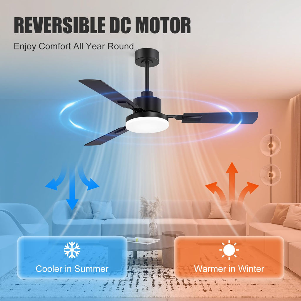 ZYD Ceiling Fans with Lights, 52 Inch Ceiling Fan with Light and Remote, Farmhouse Black Fan with Quiet Reversible DC Motor, 3 Blade LED Ceiling Fan with Light for Living Room, Bedroom, Family Room
