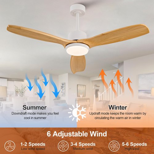 KBZZ 52 Inch Ceiling Fans with Lights and Remote, Solid Wood Blades, Dimmable, Reversible DC Motor, Memory Function, Modern Indoor Outdoor Ceiling Fan with Light for Patio Bedroom