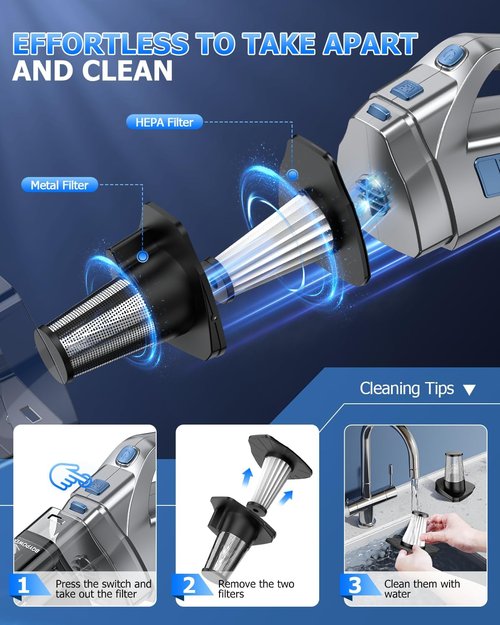 BQYPOWER Cordless Handheld Vacuum - 16000PA Strong Suction, Rechargeable with Accessories for Home & Car