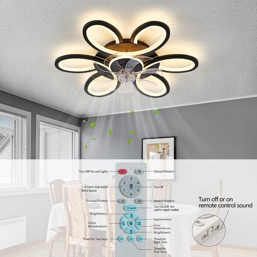 Black-Star Ring Ceiling Fans with Lights and Remote, 27 Inch Modern Low Profile Flush Mount Ceiling Fan, Dimmable LED Ceiling Light Fixture, Small Ceiling Fans for Bedroom, Kitchen, Indoor-Black