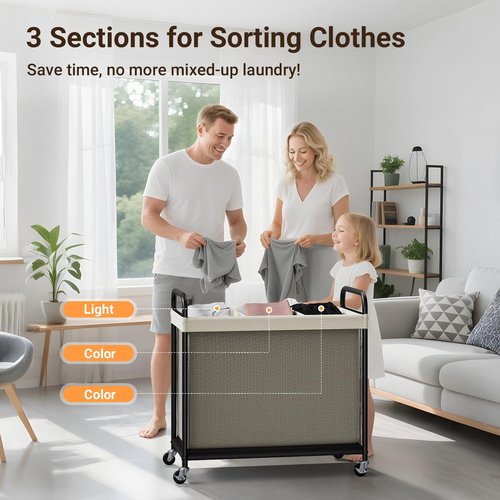 ELYKEN Laundry Hamper 3 Section, 120L Rolling Laundry Sorter with Removable Liner Bag, Laundry Basket with Wheels, Steel Frame with Metal Handle, Clothes Hamper Cart for Laundry Room & Bedroom