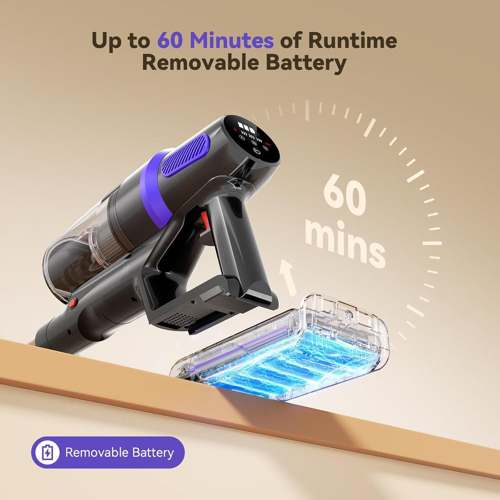 TechRise Cordless Vacuum Cleaner - 500W Stick Vacuum with Anti-Tangle Brush & 60-Minute Runtime for Home Use