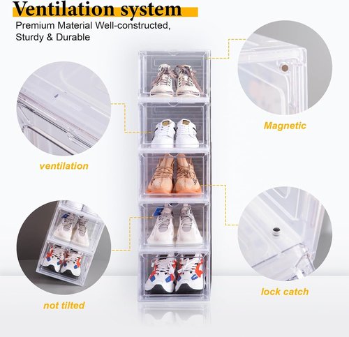 Attelite Shoe Box | Set of 6 Stackable Clear Organizers with Magnetic Door - Fits US Size 12, Black