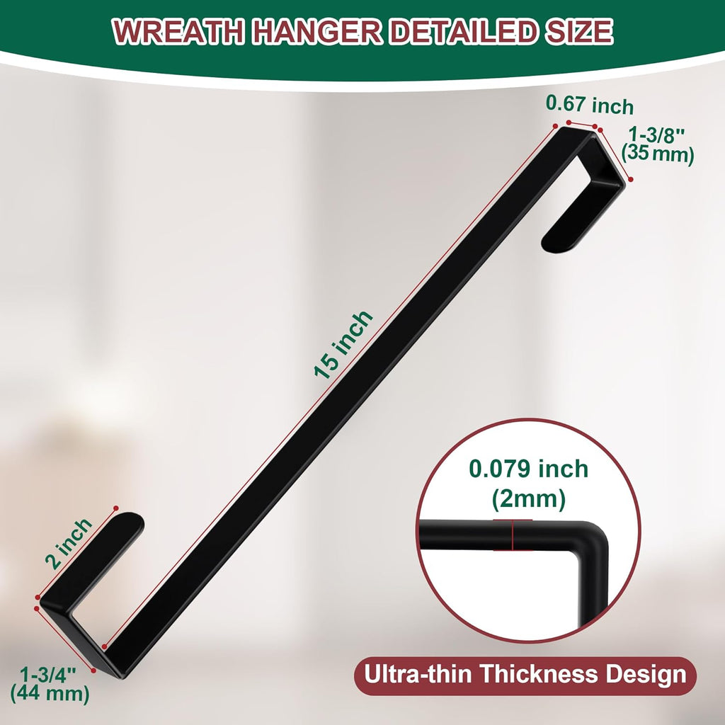 Skiennix 15" Reversible Wreath Hanger - Heavy Duty Steel Over The Door Hook, Holds Up to 80 LBS (Black)