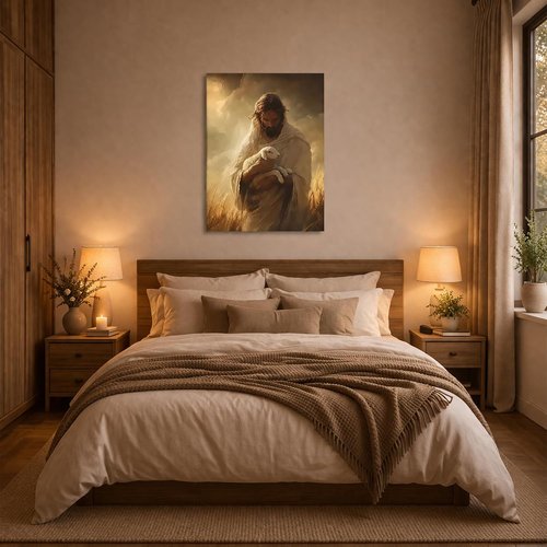 Jesus Holding Lamb Framed Canvas Wall Art - Christian Good Shepherd Painting for Living Room | 12x16 Inch