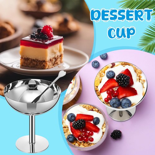 Reallnaive 12 Sets Stainless Steel Ice Cream Cups 6.7 Oz Small Footed Bowls with Forks Bulk Stainless Dessert Cup for Serving Pudding Fruit Summer Birthday Party Supply (Glossy,Silver)